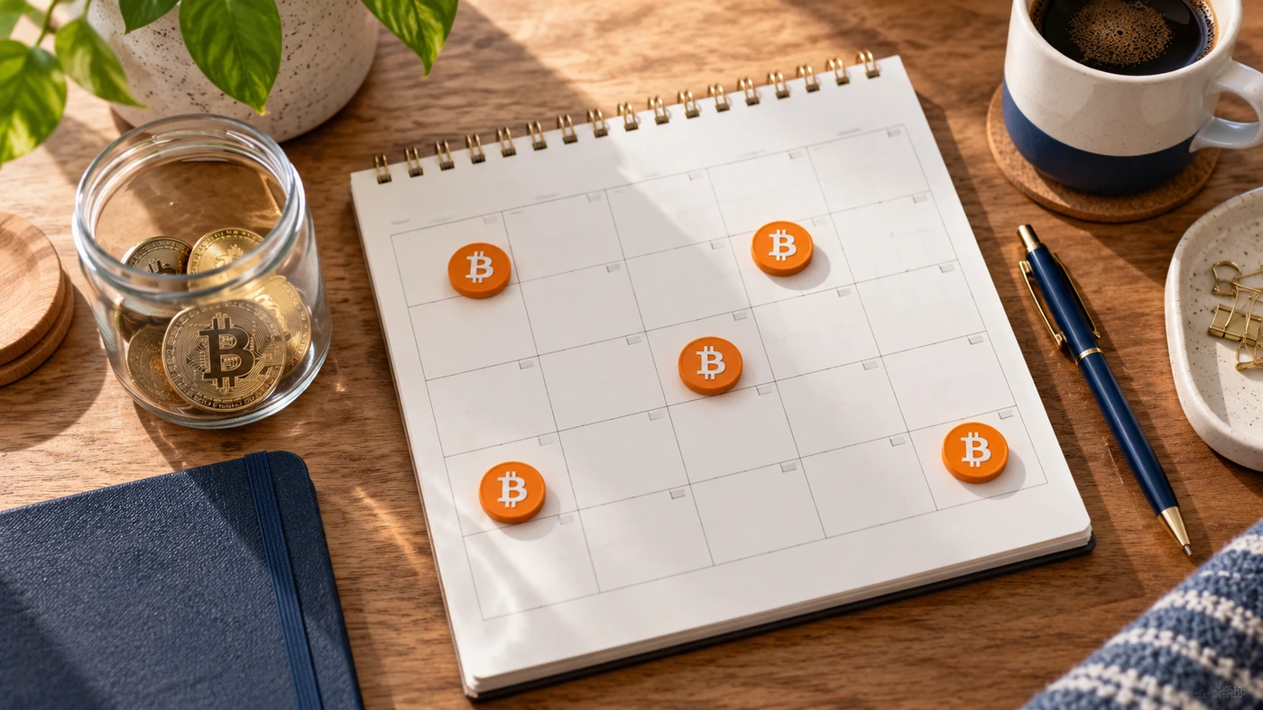 Ilustración editorial de aportaciones periódicas para comprar Bitcoin.