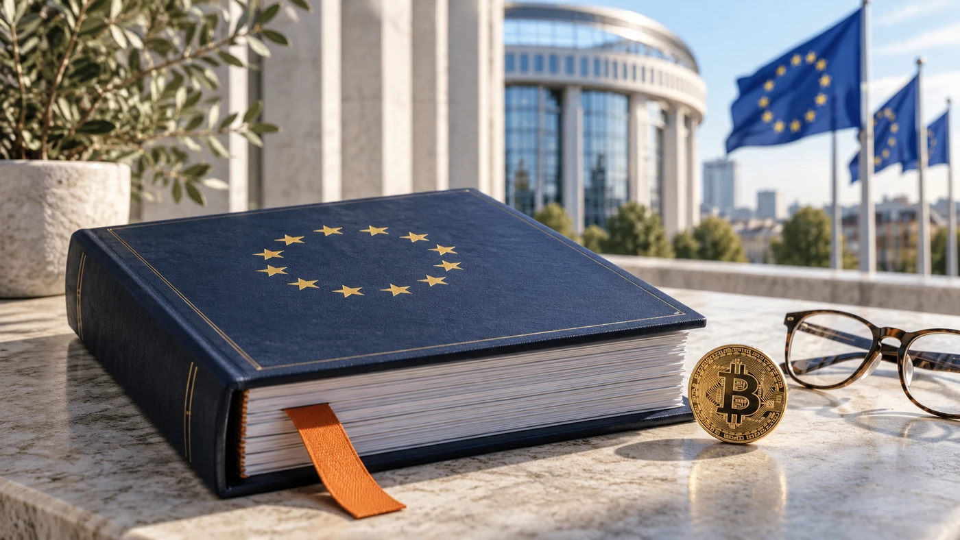 Ilustración editorial de normas europeas y documentación sobre criptomonedas.