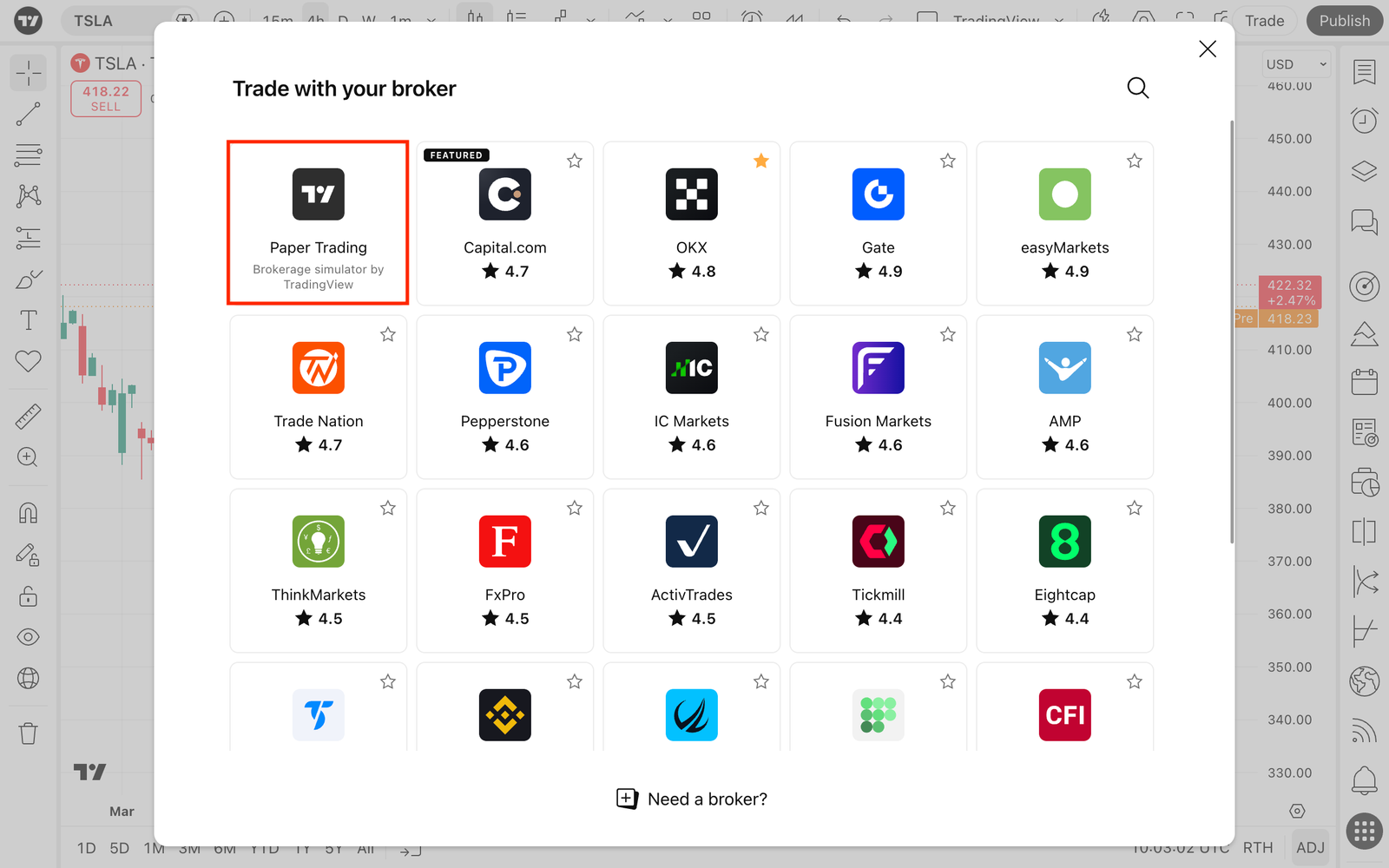 Imagen oficial real del selector de Paper Trading dentro de las conexiones de TradingView