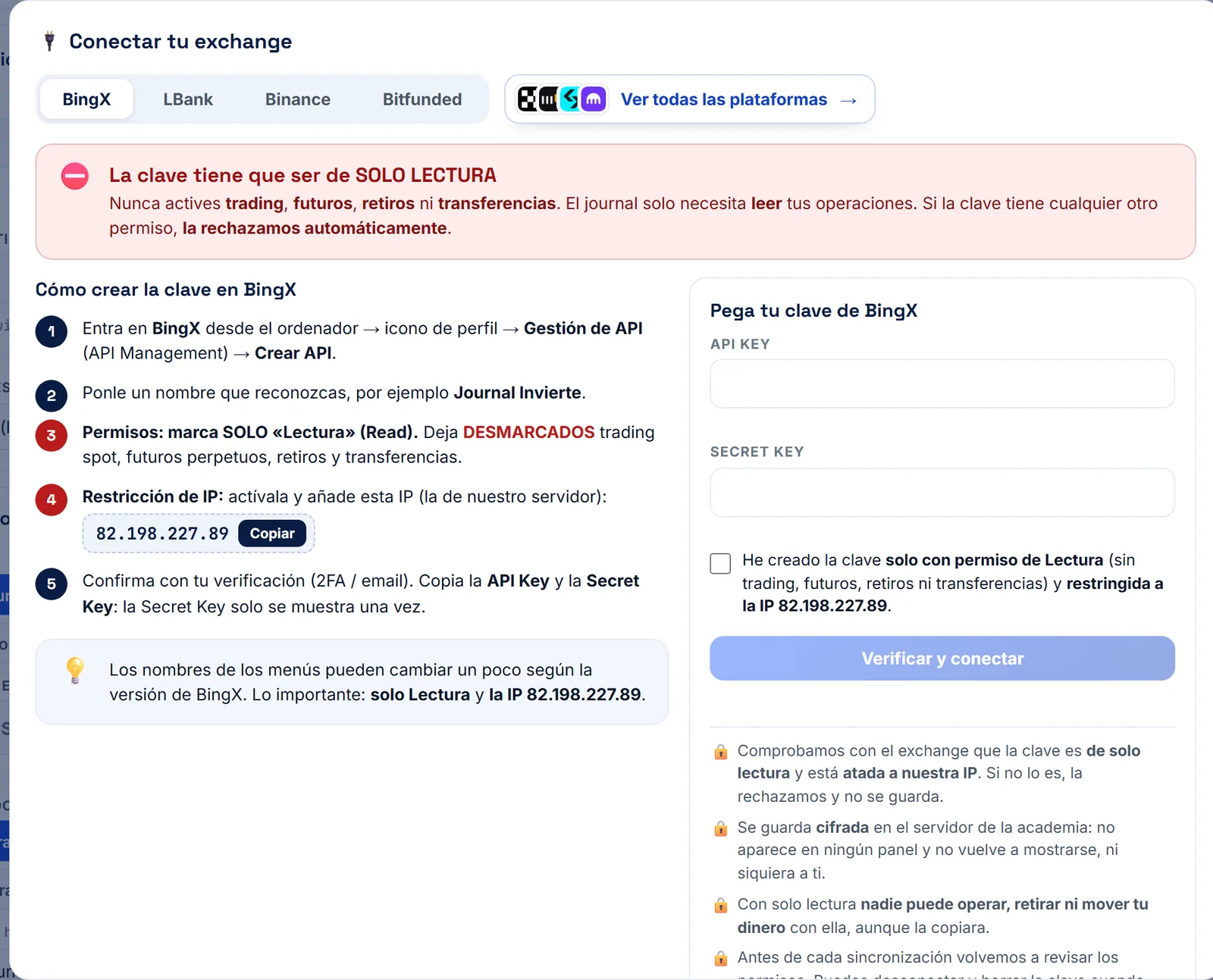 Panel para conectar tu exchange
