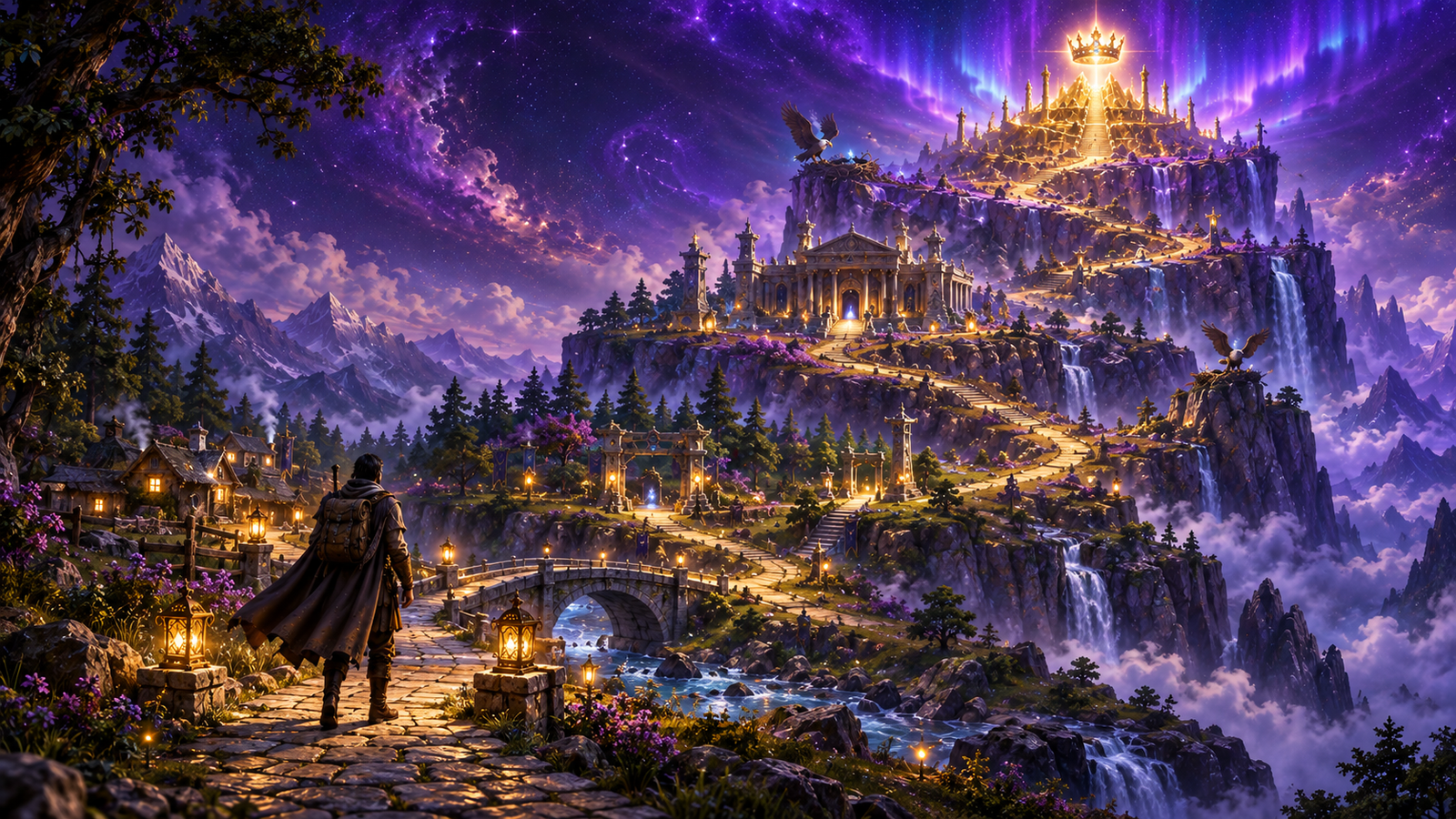 Un viajero comienza el Camino del Inversor, con el valle, los templos y la cima violeta del mapa de la formación ante él