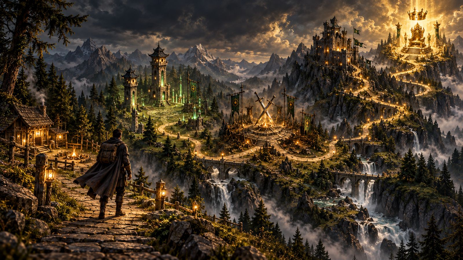 Un viajero comienza el Camino del Trader, con las torres, las espadas y las fortalezas del mapa de la formación ante él